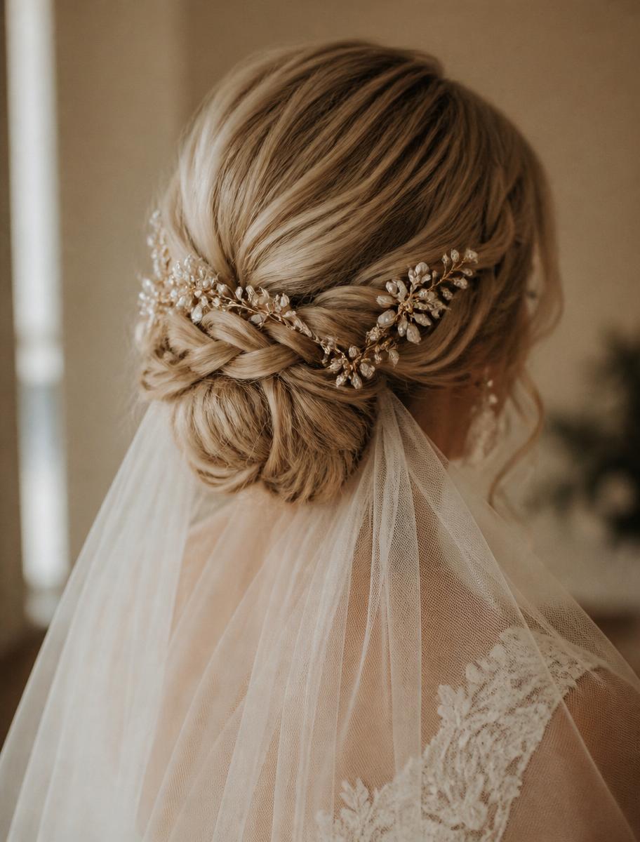 Bridal updo from behind with delicate hair accessory