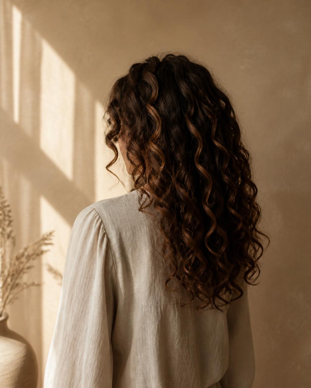 Editorial back view of long, glossy defined dark curls