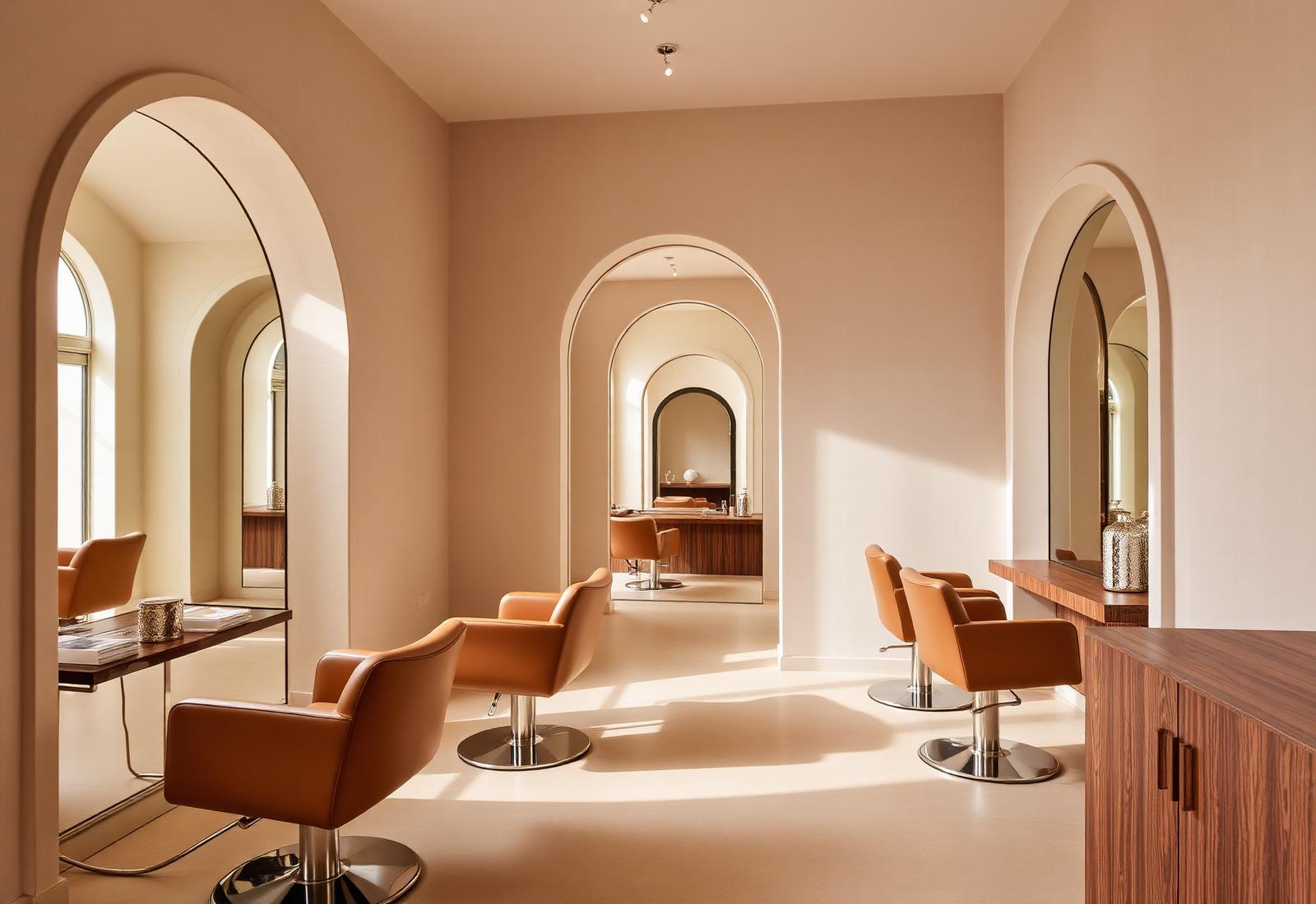 Warm arched salon interior with tan leather chairs