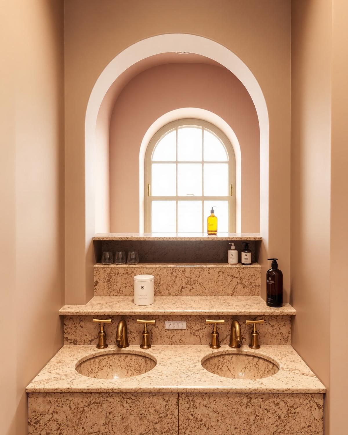 Marble washing station with amber bottles under an arched window