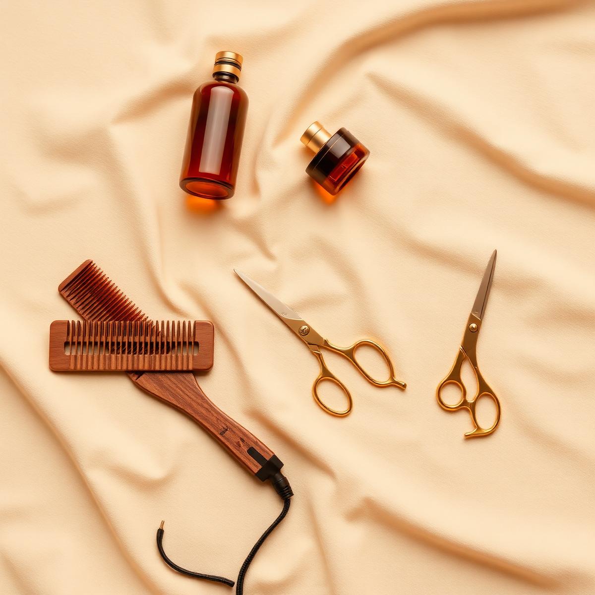 Wooden combs, gold scissors and amber bottles on linen